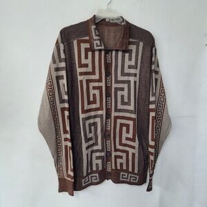 Vintage Prestige Greek Key‎ Pattern Button Down Sweater Cardigan Menswear Large